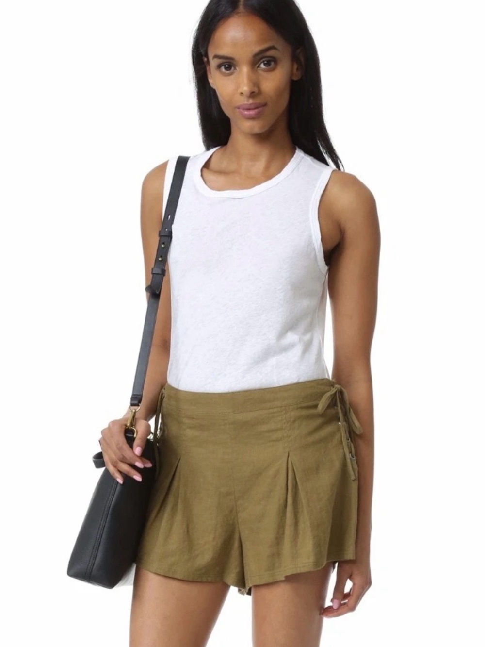 Free People Silver Springs Lace Side Linen Blend Shorts Olive Green Size XS